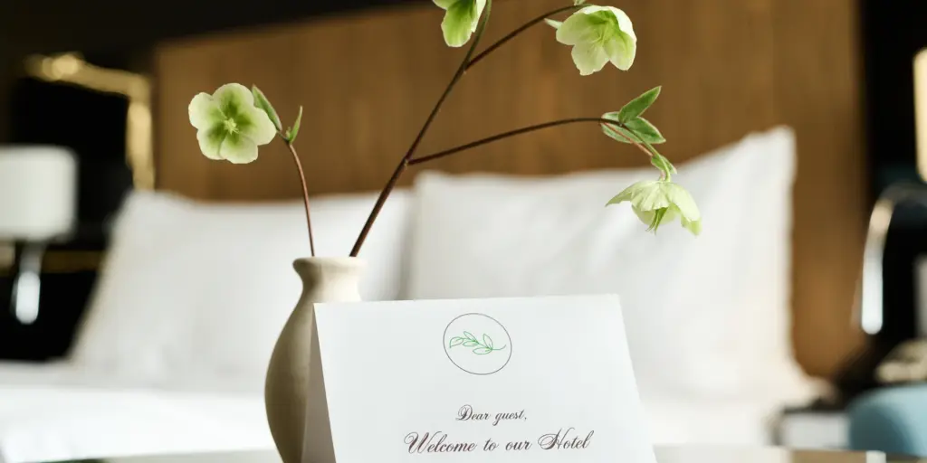 Hotel-Willkommenskarte mit Blumenstrauß auf einem Tisch, elegantes und einladendes Ambiente.